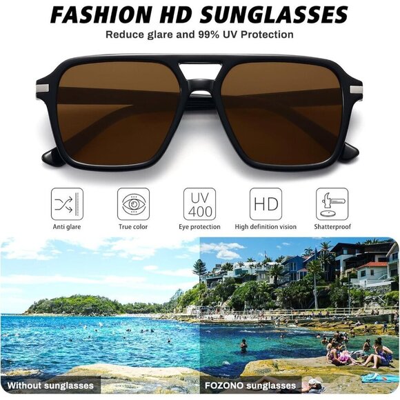 ?Women Brown Retro Trendy Classic Square Vintage Shade Double Bridge Sunglasses main image 4